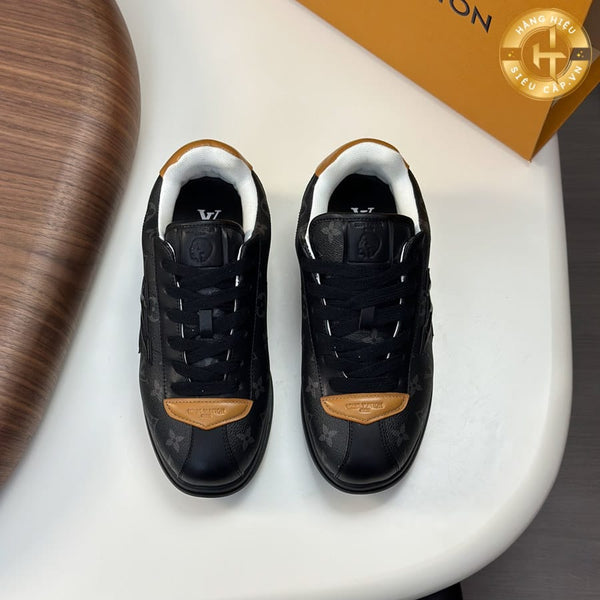 Premium  Black Monogram Low-Top Sneakers with Gold Accent