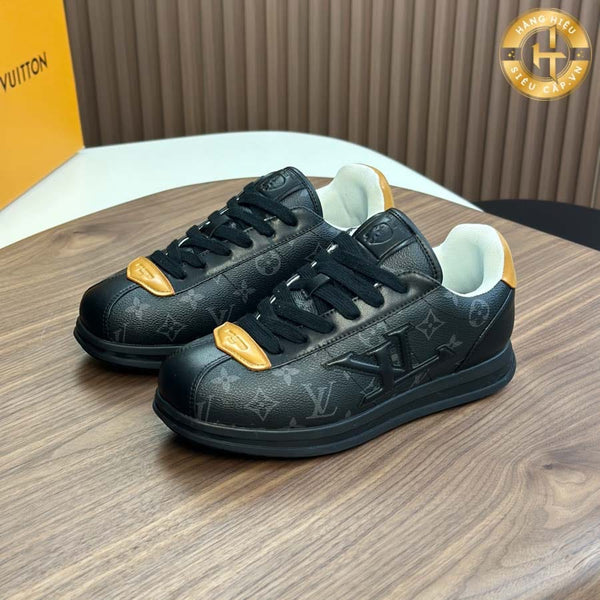 Premium  Black Monogram Low-Top Sneakers with Gold Accent