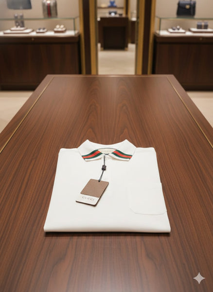Premium Classic White Designer Polo T-Shirt with Signature Stripe Collar