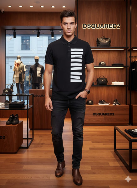 Luxury Black Polo T-Shirt with Bold Stripe Graphic Design