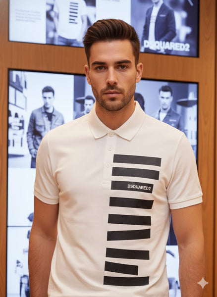White Polo T-Shirt with Bold Vertical Stripe Print
