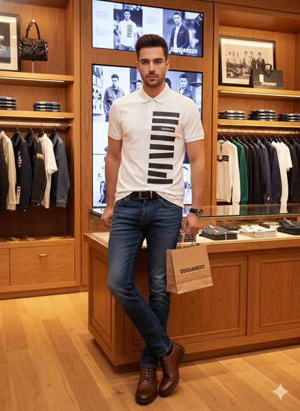 White Polo T-Shirt with Bold Vertical Stripe Print