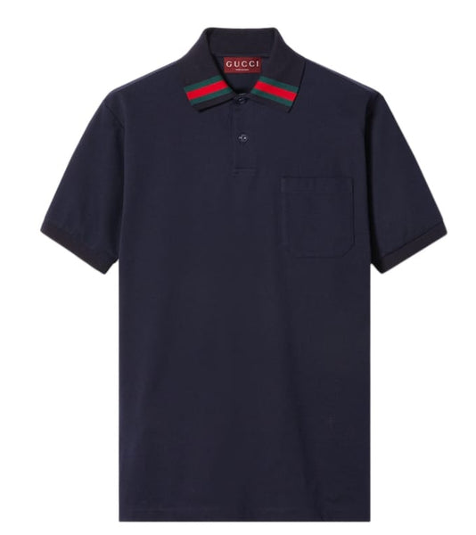 Luxury Navy Designer Polo T-Shirt with Signature Web Collar
