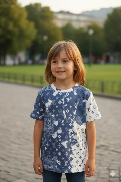 Kids Premium Blue & White Designer Print T-Shirt