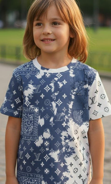 Kids Premium Blue & White Designer Print T-Shirt