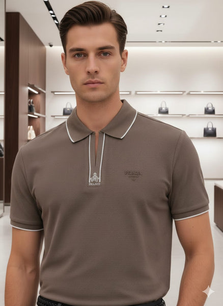 Men’s Premium Zip Neck Polo Brown T-Shirt –Stylish Solid Casual Fit Tee