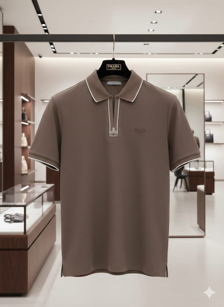 Men’s Premium Zip Neck Polo Brown T-Shirt –Stylish Solid Casual Fit Tee