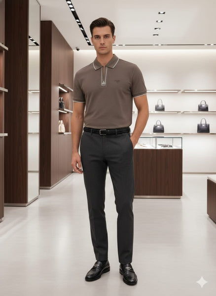 Men’s Premium Zip Neck Polo Brown T-Shirt –Stylish Solid Casual Fit Tee