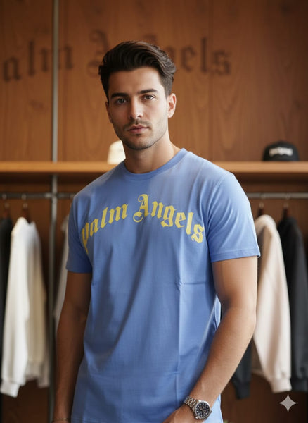 Luxury Imported Sky Blue Brand Logo T-Shirt  Classic Streetwear Style