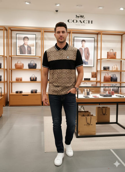 Brand Signature Print Polo T-Shirt Beige & Black Classic Fit