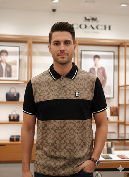 Brand Signature Print Polo T-Shirt Beige & Black Classic Fit