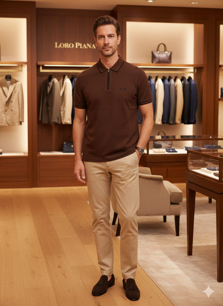 Premium Branded Brown Zip-Neck Polo T-Shirt