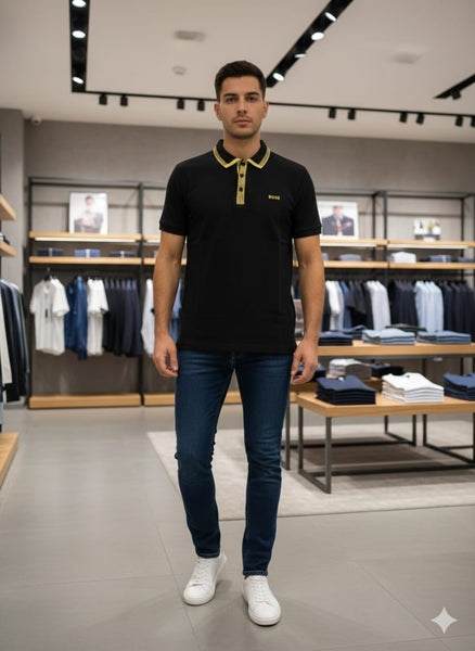 Men’s Premium Black Polo T-Shirt with Gold Trim Detailing