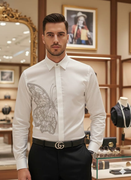 Elegant White Shirt with Butterfly Embellishment