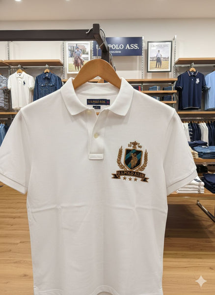 Imported Brand  Men’s Classic White Polo T-Shirt with Embroidered Crest Logo