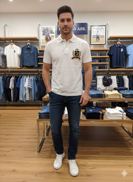 Imported Brand  Men’s Classic White Polo T-Shirt with Embroidered Crest Logo