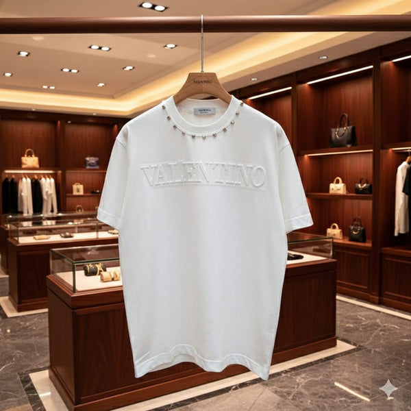 Premium White Designer T-Shirt Elegant Studded Logo Edition