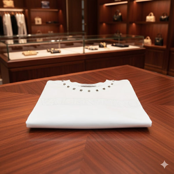 Premium White Designer T-Shirt Elegant Studded Logo Edition