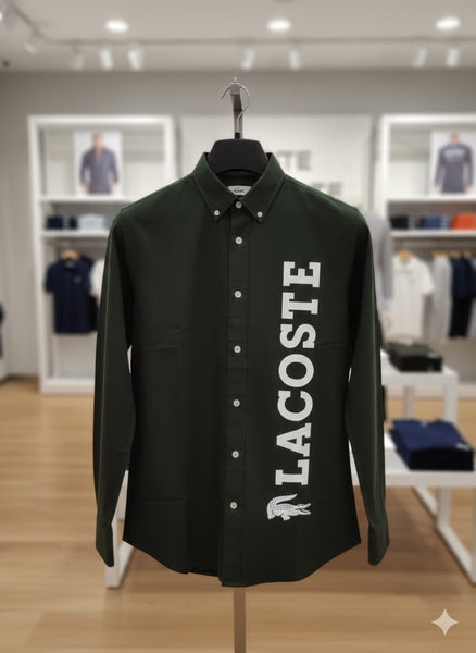 Premium Green  Button-Down Shirt with Bold Vertical Logo Print