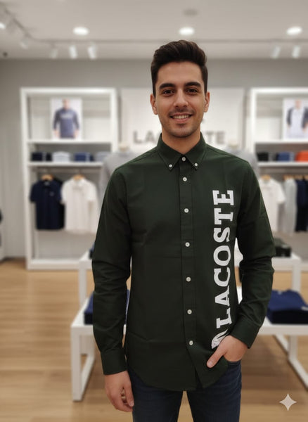 Premium Green  Button-Down Shirt with Bold Vertical Logo Print