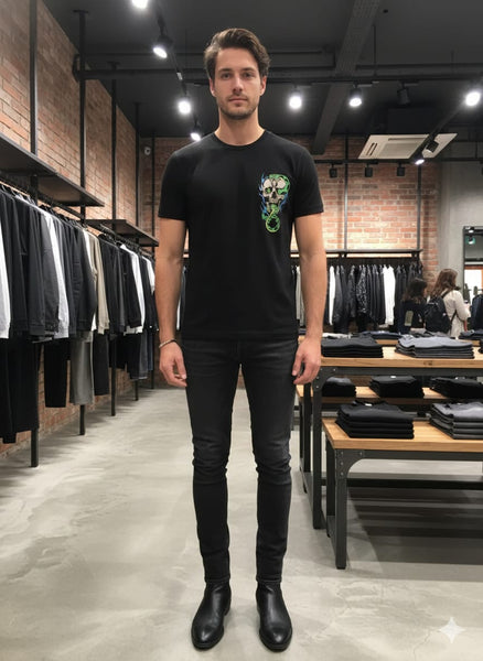 Black Graphic T-Shirt with Skull & Snake Artwork