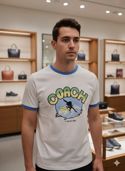 Premium Graphic Ringer T-Shirt for Men Surf Print Casual Tee