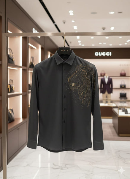 Luxury Black Designer Shirt with Gold Lion Artwork  Premium Fashion Style
