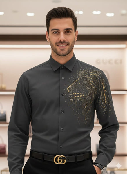 Luxury Black Designer Shirt with Gold Lion Artwork  Premium Fashion Style