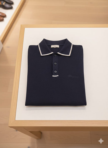 Elegant Textured Knit Polo Shirt  Premium Short Sleeve Style