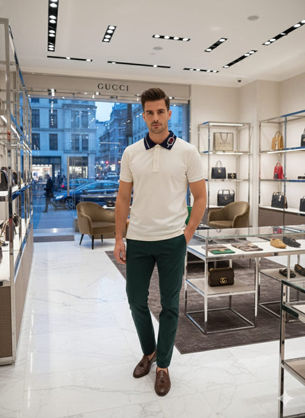 Premium Cream Polo Shirt with Navy Signature Collar Luxury Smart Style