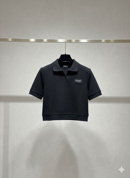 Women’s Classic Black Polo T-Shirt  Textured Casual Chic Top