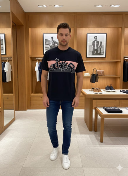 Imported Brand Black Designer T-Shirt with Iconic Logo Stripe