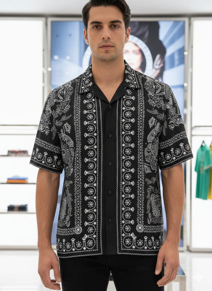 Men’s Black Paisley Print Half Sleeve Shirt Bold Designer Casual Wear