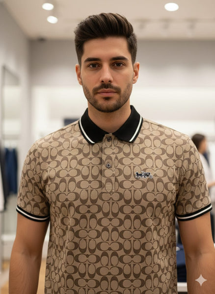 Premium Monogram Print Polo Shirt Luxury Designer Casual Wear