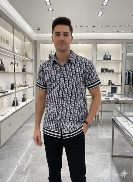 Luxury Monogram Print Button-Down Shirt Black & White Edition