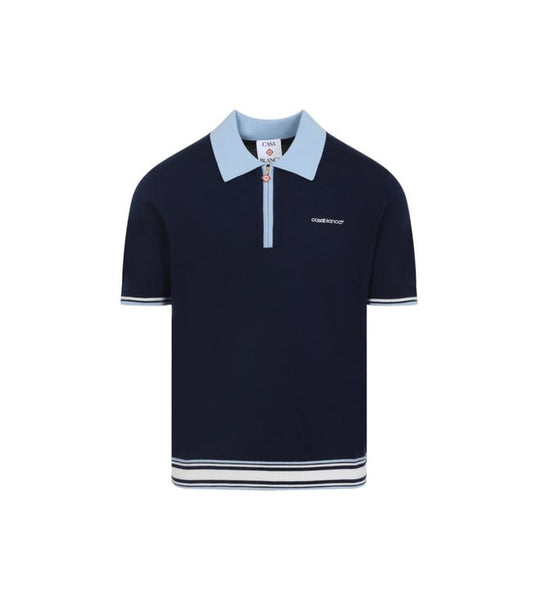 Premium Navy Contrast Collar Zip Polo Shirt