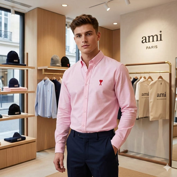 Smart Casual Premium Style Pink Button-Down Shirt with Signature Heart Logo