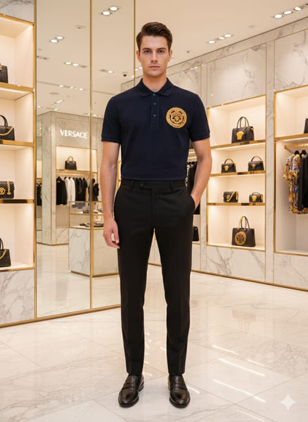 Luxury Navy Blue Polo Shirt with Gold Emblem Premium Designer Style