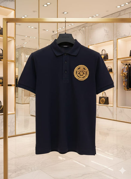 Luxury Navy Blue Polo Shirt with Gold Emblem Premium Designer Style