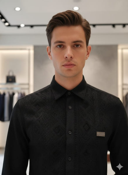 Premium Black Designer Shirt Elegant Regular Fit with Signature Detail