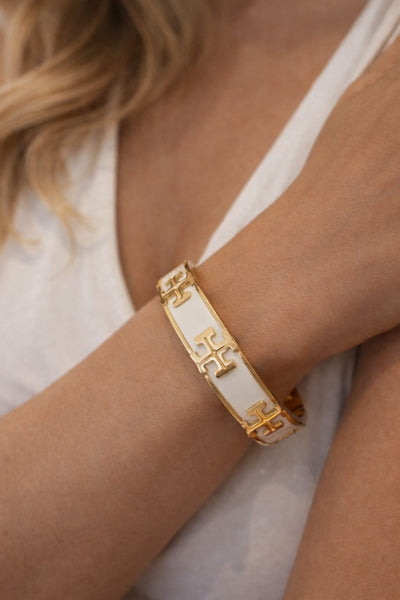 Premium Elegant Logo Bangle Bracelet Gold & Ivory Finish