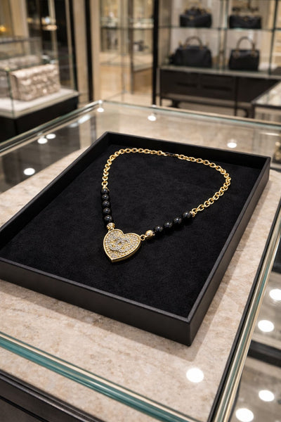 Elegant Heart Pendant Necklace Classic Black & Gold Design