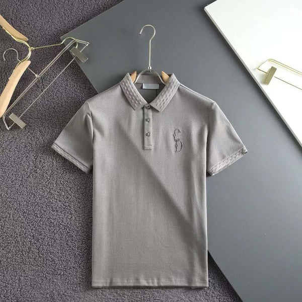 Men’s Premium Grey Polo T-Shirt Textured Collar Short Sleeve Casual Tee