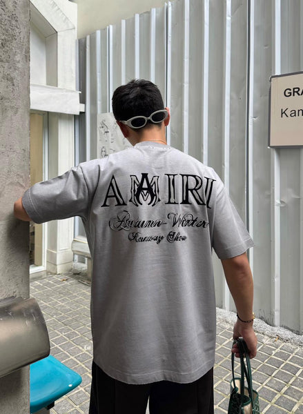 Men's Premium Grey Embroidered Brand Script Drop Shoulder T-shirt
