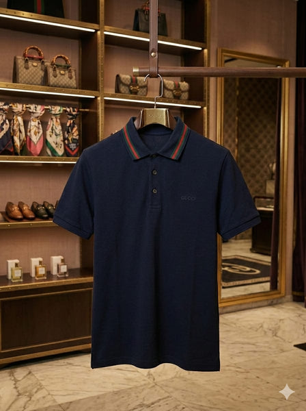 Men’s Navy Blue Premium Polo T-Shirt with Signature Stripe Collar