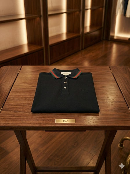 Imported Classic Black Polo Shirt With Web Stripe  Luxury Casual Style