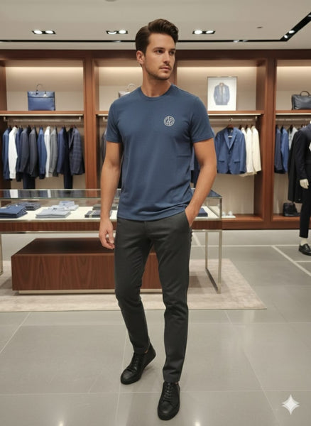 Men’s Premium Textured Blue T-Shirt  Classic Crew Neck Casual Half Sleeve Tee