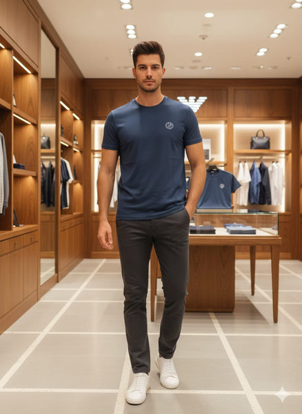 Men’s Premium Textured Blue T-Shirt  Classic Crew Neck Casual Half Sleeve Tee