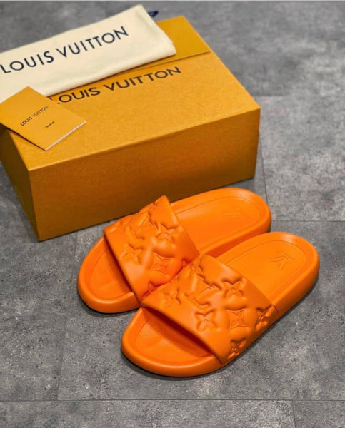 Premium Orange Designer Slides Stylish Monogram Comfort Slippers