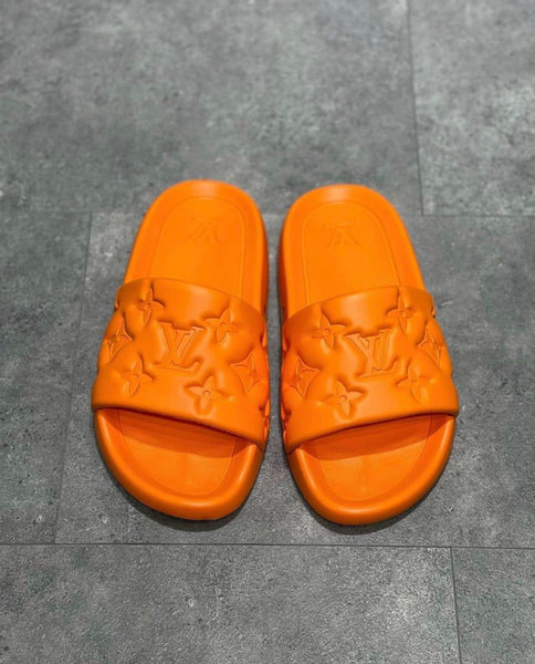 Premium Orange Designer Slides Stylish Monogram Comfort Slippers